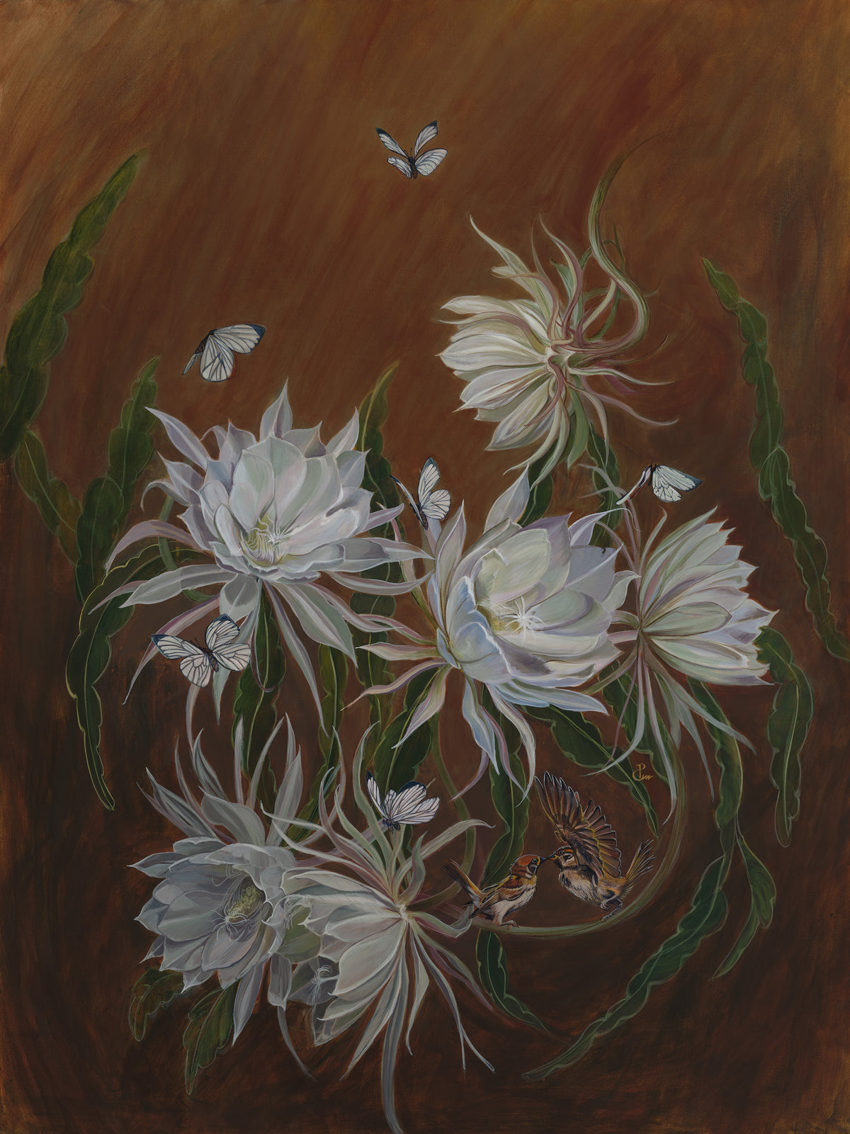WHEN TWO BECOME A WORLD - a large flower painting butterflies and birds image 1