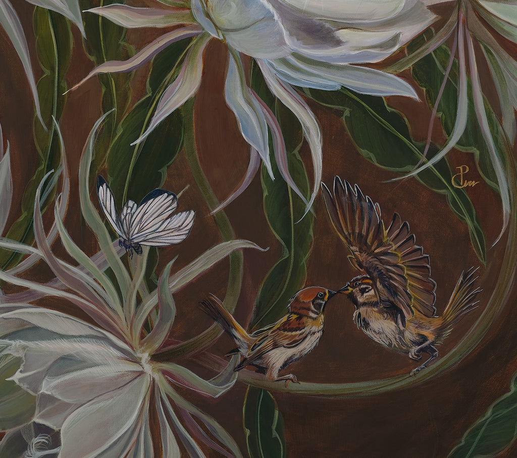WHEN TWO BECOME A WORLD - a large flower painting butterflies and birds image 3