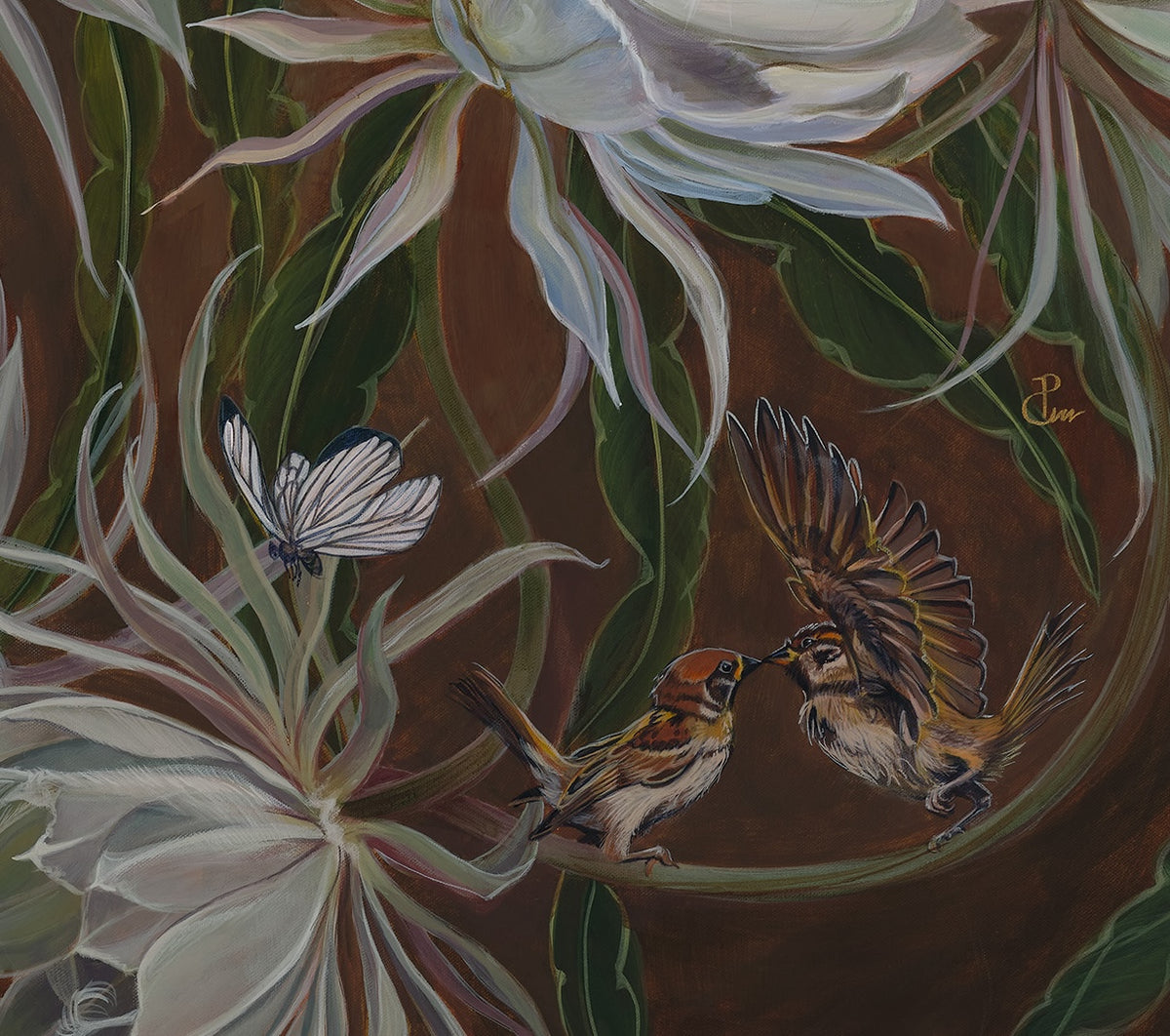 WHEN TWO BECOME A WORLD - a large flower painting butterflies and birds image 3