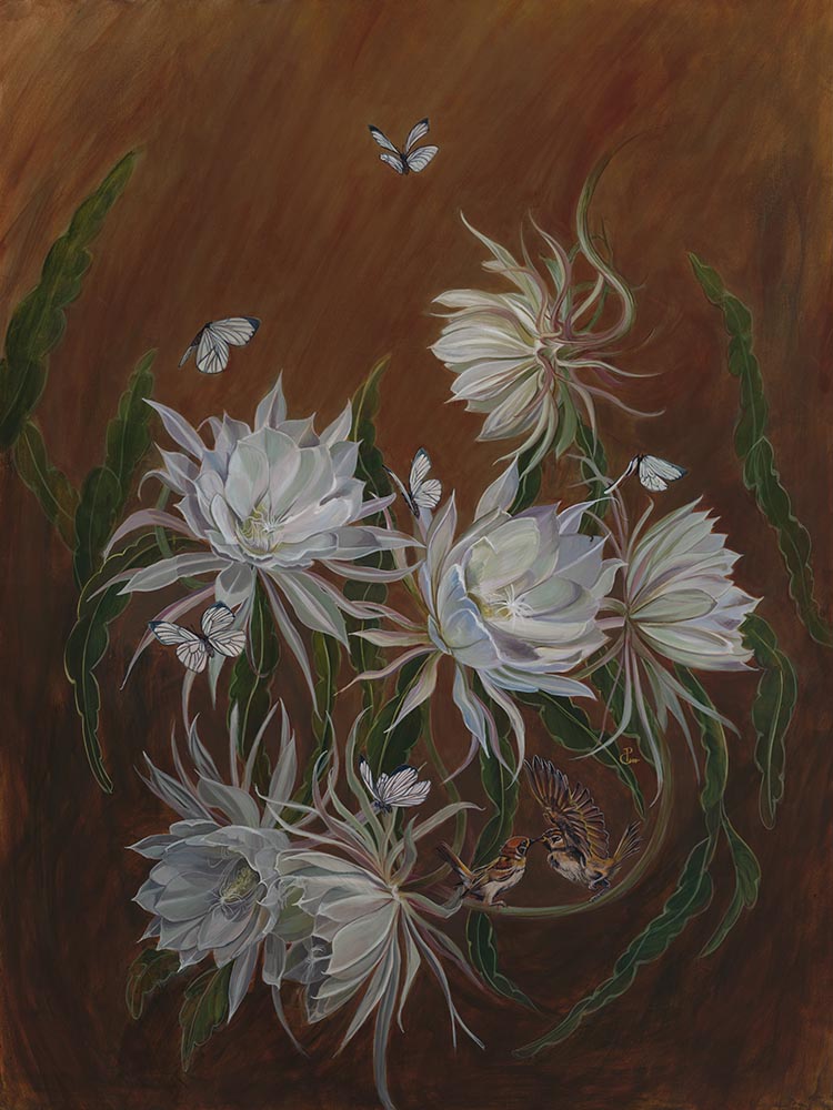 WHEN TWO BECOME A WORLD - a large flower painting butterflies and birds image 5